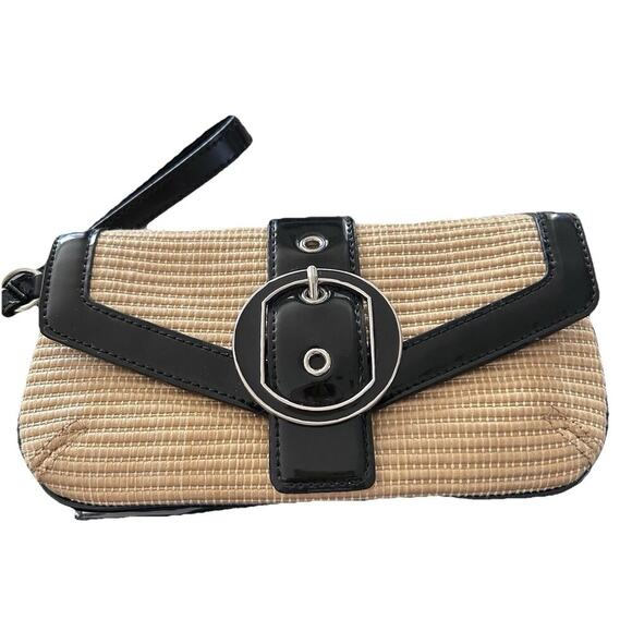 Ann Taylor Handbags - Ann Taylor Wicker Almond/Black Patent Leather Clutch With Silver Buckle Size OS